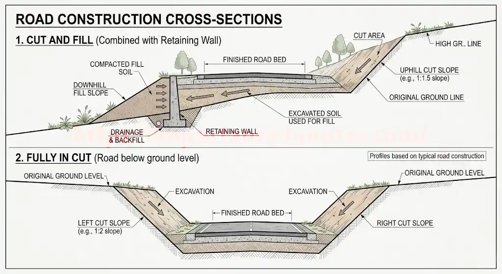 Cross-sections of hill roads — cut and fill, fully in cut, fully in fill, and rock ledge