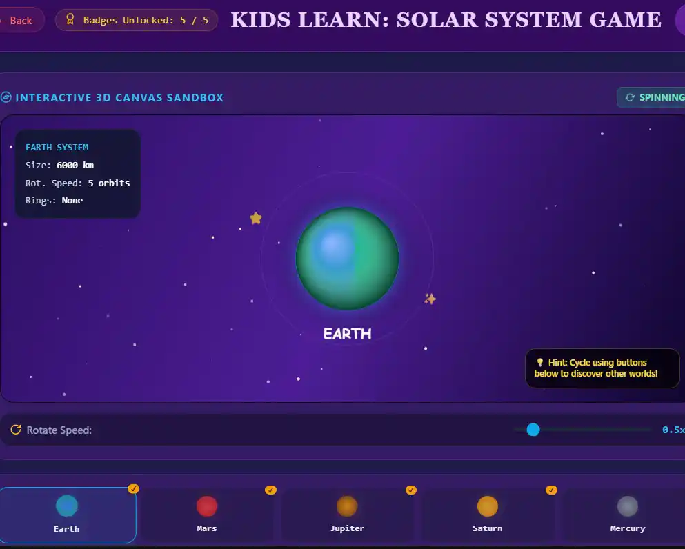 Kids Solar Learning App Interface